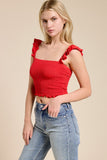 Smocked Ruffle Strap Crop Top – Red