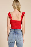 Smocked Ruffle Strap Crop Top – Red